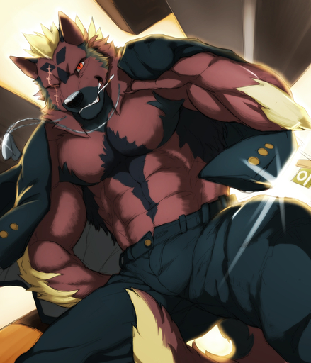 abs anthro backlighting black_body black_fur black_nose blonde_hair bottomwear brown_body brown_fur bulge canid canine canis claws clothed clothing dog_tags eye_scar facial_scar fur hair holding_clothing holding_object jacket light lighting looking_at_viewer male mammal mouth_hold muscular muscular_anthro muscular_male null-ghost pants pupils red_eyes scar short_hair slit_pupils solo tail_between_legs topless topwear wolf // 900x1050 // 458.6KB
