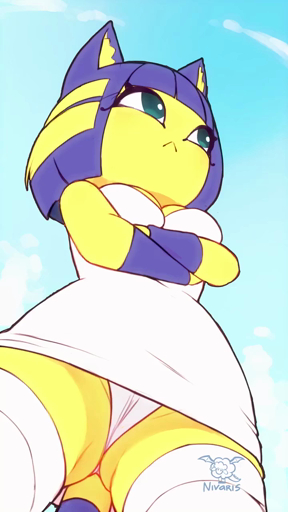 2021 9:16 animated ankha_(animal_crossing) anthro blue_hair breasts butt camel_toe clothing crossed_arms dialogue domestic_cat english_text eye_markings felid feline felis female frown hair hi_res looking_down_at_viewer low-angle_view mammal markings narrowed_eyes panties portrait short_hair short_playtime shoulderless_dress sky solo sound squint sunset_nivaris talking_to_viewer text underwear upskirt video_games webm white_clothing white_panties white_underwear widescreen yellow_body // 720x1280, 5.8s // 431.9KB