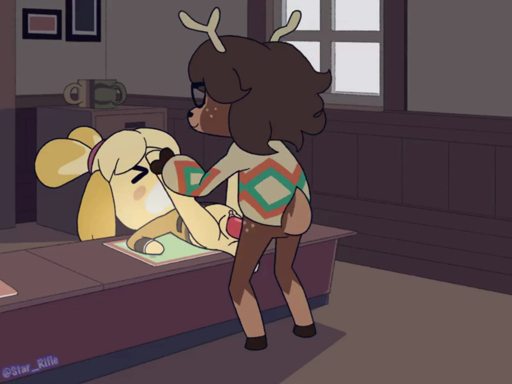 animated anthro anthro_on_anthro anthro_penetrated anthro_penetrating anthro_penetrating_anthro antlers blonde_hair bodily_fluids bottomless brown_body brown_fur brown_hair canid canine canis capreoline cervid clothed clothing cum cum_inflation domestic_dog duo eyes_closed female female_penetrated from_front_position fur furniture genital_fluids hair horn inflation inside isabelle_(animal_crossing) lying male malefemale male_penetrating male_penetrating_female mammal missionary_position on_back on_table penetration question_mark reindeer sex smile star_rifle table vaginal vaginal_penetration video_games webm yellow_body yellow_fur // 1438x1080, 19.7s // 11.9MB