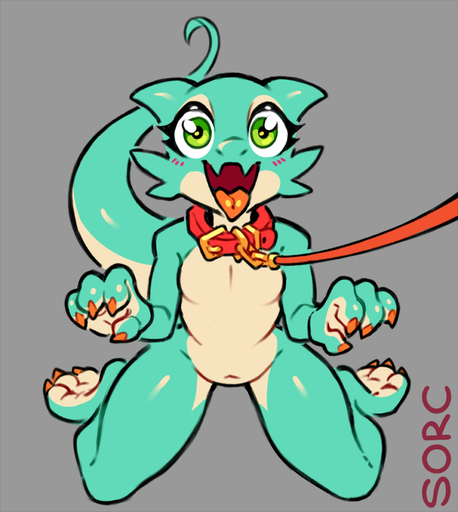 anthro collar collar_only female glistening glistening_body green_body green_eyes green_skin kneeling kobold leash looking_at_viewer navel nude scalie simple_background solo sorc tongue tongue_out // 805x900 // 289KB