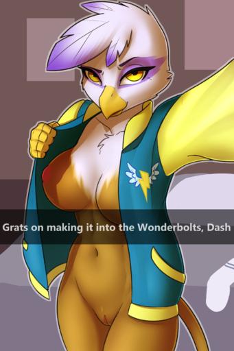 2017 2:3 absurd_res anthro anthrofied avian beak bottomless breasts camera_view clothed clothing english_text feathers female friendship_is_magic genitals gilda_(mlp) gryphon hasbro hi_res jacket looking_at_viewer my_little_pony mythological_avian mythology navel nipples non-mammal_breasts one_breast_out open_clothing open_jacket open_topwear pudgeruffian pussy selfie smile snapchat solo text topwear yellow_eyes // 2000x3000 // 2.8MB