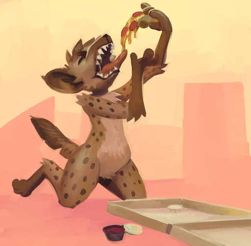ambiguous_gender anthro brown_body brown_fur brown_spots eating_food eyes_closed food fur grimart hyaenid kneeling mammal open_mouth pizza pizza_box simple_background solo spots teeth tongue // 1089x1068 // 514.3KB