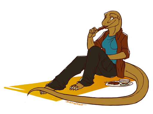 anthro biped bottomwear breasts clothed clothing conditional_dnp eating female jenny_(slither) komodo_dragon lizard monitor_lizard non-mammal_breasts pants reptile satay scalie sefeiren shirt sitting solo topwear yellow_eyes // 1280x953 // 247.4KB