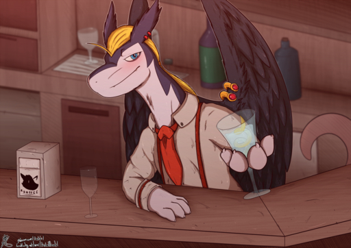 2019 anthro asbel_lhant bar beverage blonde_hair blush claws clothing conditional_dnp detailed_background dragon first_person_view glass grin hair legendz looking_at_viewer male necktie ranshiin ring shirt smile solo teeth topwear wind_dragon wings // 1280x905 // 1.2MB