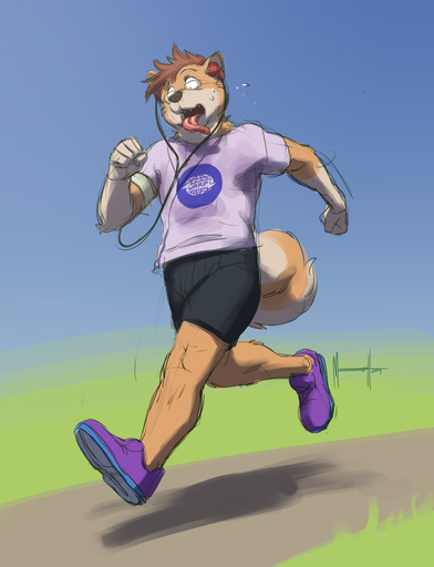 2014 anthro bodily_fluids canid canine canis clothed clothing digital_media_(artwork) domestic_dog headphones herding_dog male mammal meesh open_mouth pastoral_dog running sketch solo sweat tongue tongue_out welsh_corgi // 869x1136 // 426.5KB