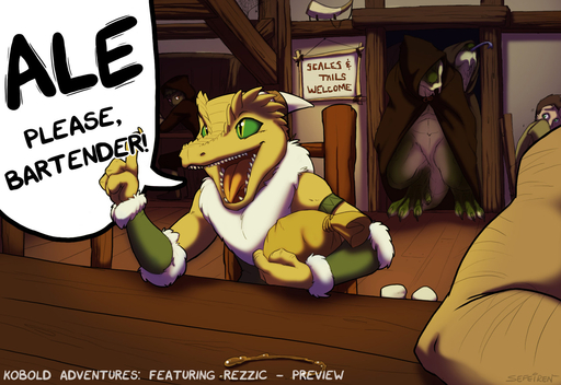 2013 anthro bar chair claws cloak clothing comic conditional_dnp dialogue english_text female fur furniture green_eyes group horn human kobold kobold_adventures kobold_adventures:_rezzic liquid lizardman male mammal open_mouth reptile rezzic sack scalie sefeiren sign sitting tavern text tongue // 1280x879 // 330.7KB