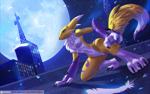 alanscampos anthro blue_eyes breasts building canid canine chest_tuft city detailed_background digimon_(species) digitigrade female fur hi_res mammal moon night nipples on_roof outside renamon solo star text tuft url yellow_body yellow_fur // 2000x1249 // 1.4MB