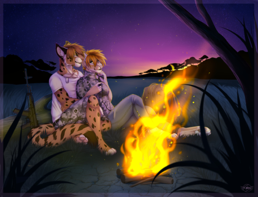 2014 ak-12 anthro assault_rifle camo campfire clothing digital_media_(artwork) dog_tags duo f-r95 felid feline female fire gun hi_res lynx male mammal outside pink_nose ranged_weapon rifle romantic_ambiance romantic_couple shirt silhouette sitting sunset topwear weapon // 2500x1908 // 4.0MB