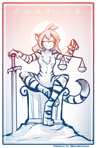 2018 :3 anthro biped blindfold border breasts card chest_tuft claws conditional_dnp crossed_legs digitigrade english_text featureless_breasts featureless_crotch felid female flora_(twokinds) fur gradient_background hair hi_res holding_object judgement_(tarot) keidran major_arcana mammal melee_weapon monochrome nude pantherine parody pillar simple_background sitting sketch smile solo striped_body striped_fur stripes sword tarot_card text tiger tom_fischbach tuft twokinds weapon webcomic webcomic_character weighing_scale white_border // 1048x1600 // 1.2MB