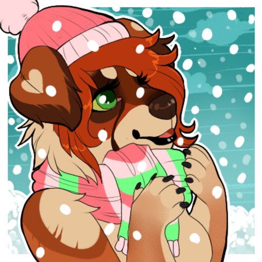 1:1 2_frame_animation animated anthro beanie breasts canid canine canis clothing compass_(artist) domestic_dog featureless_breasts female fur hair hat headgear headwear low_res mammal open_mouth scarf short_playtime smile snow solo // 400x400 // 118.7KB