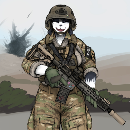 1:1 2018 anthro ar-15 armor assault_rifle black_body black_fur black_nose breasts camo canid canine canis clothed clothing cute_fangs detailed_background domestic_dog explosion eyes_closed fangs female front_view fully_clothed fur fur_markings gloves gloves_(marking) gun handwear happy headgear helmet hi_res hladilnik holding_gun holding_object holding_weapon m4 mammal markings military military_uniform multicolored_body multicolored_fur open_mouth open_smile outside plant portrait ranged_weapon rifle samantha_thott scope shrub silencer smile smoke solo standing stoner_rifle teeth text text_on_clothing text_on_topwear three-quarter_portrait tongue topwear trigger_discipline two_tone_body two_tone_fur uniform weapon white_body white_fur // 1280x1280 // 1.3MB