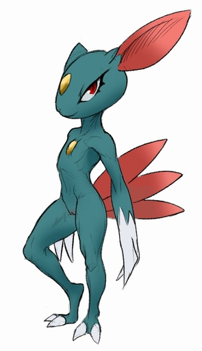 2019 anthro blue_body claws female flat_chested full-length_portrait genitals hi_res looking_at_viewer mammal pokemon_(species) portrait pupils pussy red_eyes simple_background slit_pupils smile sneasel solo standing video_games w4g4 white_background // 803x1392 // 63.3KB