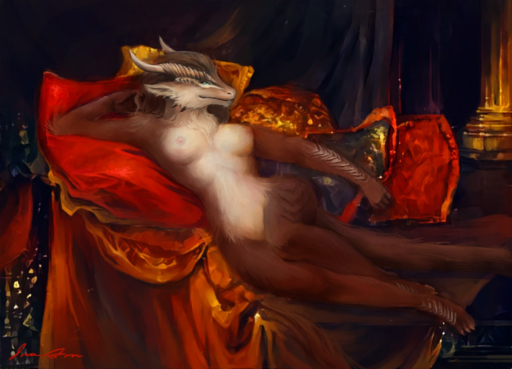 2019 5_fingers anthro areola breasts detailed_background digital_media_(artwork) digital_painting_(artwork) dragon drapes female fingers front_view fur furred_dragon horn inside inspired_by_proper_art ira-arn nipples non-mammal_breasts nude pillar pillow reclining smile solo // 1280x922 // 1.1MB