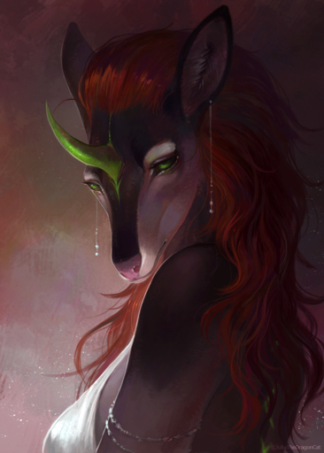 2018 anthro breasts digital_media_(artwork) equid equine eyelashes female green_eyes hair hi_res horn horse juliathedragoncat mammal red_hair solo unicorn // 1000x1400 // 2.0MB