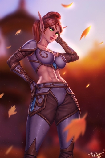 abs armor autumn big_breasts blizzard_entertainment blood_elf blurred_background breasts clothed clothing curvaceous curvy_figure day detailed detailed_background diamond_(gem) dust ear_piercing ear_ring elf eyebrows eyelashes eyeshadow falling_leaves female front_view gem green_eyes green_pupils green_sclera hair hair_bun hand_on_head hand_on_hip hi_res hourglass_figure humanoid humanoid_pointy_ears leaf lips long_eyebrows looking_down makeup mammal mascara muscular muscular_female muscular_humanoid navel not_furry outside pale_skin particles personalami piercing pink_lips ponytail portrait pose pupils red_hair sapphire_(gem) signature sky solo standing thick_thighs three-quarter_portrait unconvincing_armor video_games voluptuous warcraft wide_hips // 799x1200 // 98.5KB