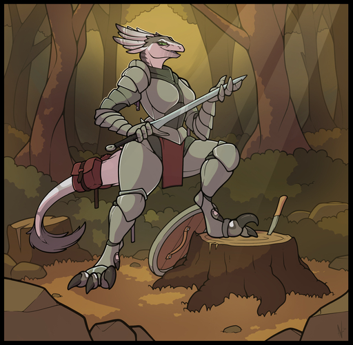absurd_res ackie anthro armor black_border border dinosaur dromaeosaurid feathers female forest green_sclera hi_res knife melee_weapon nexivian outside plant reptile scalie shield solo sword tail_bag theropod tree velociraptor weapon // 2552x2497 // 3.8MB