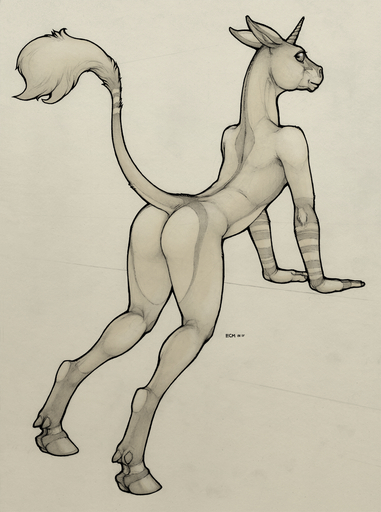 2015 ambiguous_gender anthro bent_over butt ecmajor equid equine equustra_(ecmajor) hooves horn horse leaning looking_at_viewer looking_back mammal monochrome nude presenting presenting_hindquarters raised_tail solo unicorn unicorn_horn // 888x1194 // 1.4MB