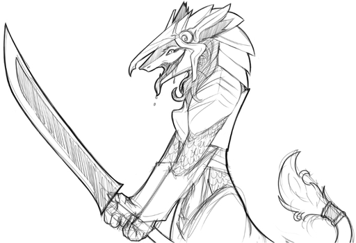 ambiguous_gender armor clothed clothing conditional_dnp greyscale mammal melee_weapon monochrome rain_silves sergal simple_background sketch solo sword tom_fischbach tongue tongue_out weapon white_background // 800x547 // 153.5KB