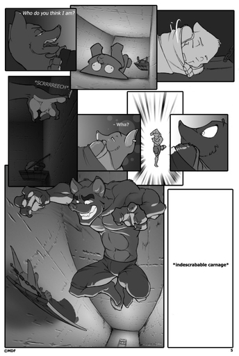 anthro battle canid canine clothed clothing comic dialogue duo ear_piercing english_text female fox greyscale huska jailed male mammal miles_df monochrome muscular muscular_male navel piercing richard_(lcbd) text topless // 537x800 // 91.9KB