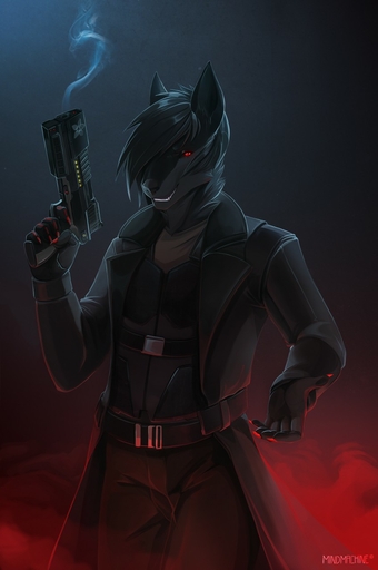 5_fingers anthro black_hair black_nose canid canine canis clothed clothing domestic_dog fingers gun hair hi_res holding_object holding_weapon male mammal mindmachine ranged_weapon red_eyes solo weapon // 849x1280 // 108KB