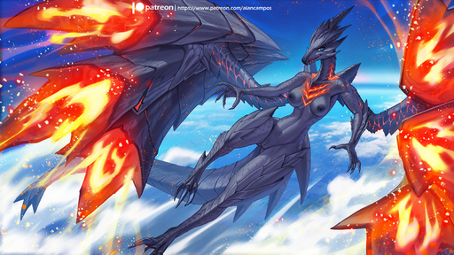 2022 alanscampos anthro areola blue_eyes breasts claws digital_media_(artwork) elder_dragon female fire flying genitals hi_res nipples nude open_mouth pupils pussy scales sharp_teeth sky slit_pupils solo teeth valstrax video_games wings // 1800x1013 // 1.4MB
