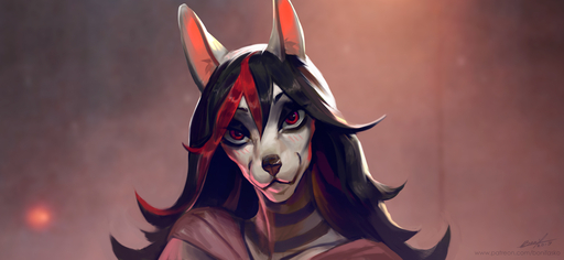 2019 ambiguous_gender anthro black_hair bonifasko canid canine canis digital_media_(artwork) domestic_dog hair mammal red_eyes solo // 1280x591 // 241KB