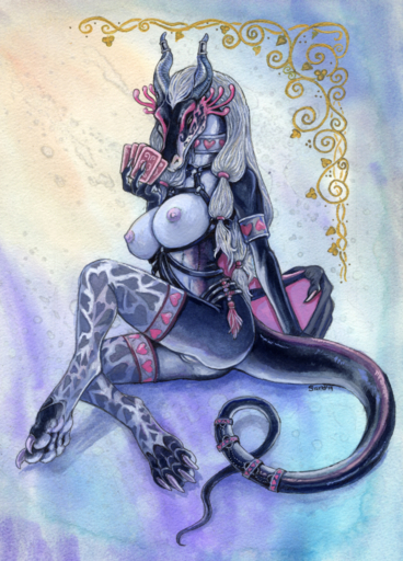 2019 <3 anthro armlet breasts card caribou_(artist) claws dragon female genitals grey_body grey_scales hair harness horn horn_band jewelry looking_at_viewer membrane_(anatomy) membranous_wings nipples non-mammal_breasts playing_card pussy queen_of_hearts_(caribou) scales solo tail_jewelry tail_ring tassels toeless_legwear toeless_stockings traditional_media_(artwork) white_hair wings // 643x894 // 1.2MB
