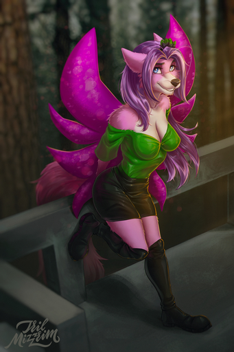 2020 2:3 ahoge anthro blue_eyes breasts canid canine canis clothed clothing digital_media_(artwork) eyebrows eyelashes female fur hair hi_res looking_at_viewer mammal mariah_veiethe pink_body pink_fur purple_hair simple_background smile solo standing tril-mizzrim wings wolf // 800x1200 // 1.2MB
