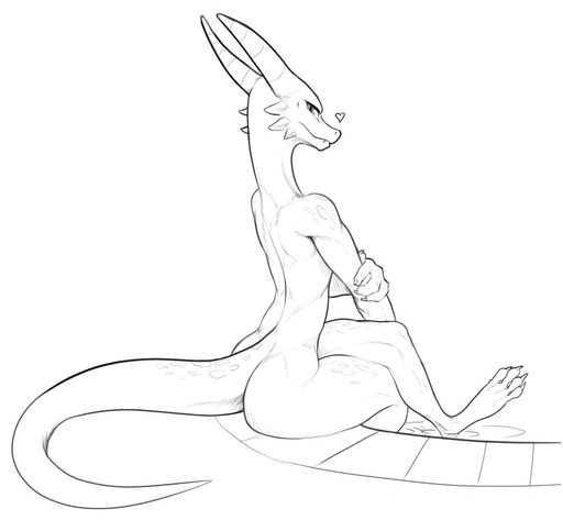 2019 <3 ambiguous_gender anthro black_and_white butt kobold looking_at_viewer looking_back looking_back_at_viewer monochrome nude nude_anthro partially_submerged poolside rear_view scalie simple_background sitting sketch solo w4g4 white_background // 1221x1127 // 52.9KB