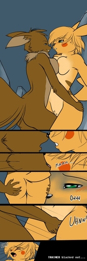anthro anthrofied areola blue_eyes blush breast_squish breasts breasts_frottage brown_body brown_fur butt canid canine comic crotch_tuft digital_media_(artwork) duo eevee english_text eye_contact female femalefemale foxboy83 french_kissing fur green_eyes grope hair hand_on_butt hi_res kissing looking_at_another mammal markings open_mouth pikachu pokemon_(species) pokemorph rodent smile squish text tuft video_games yellow_body yellow_fur // 427x1280 // 97.8KB