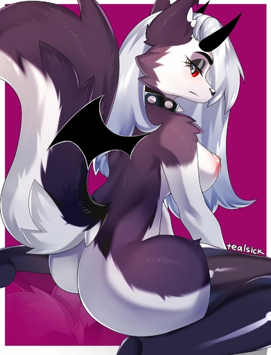 anthro areola biped black_clothing black_collar black_legwear black_thigh_highs breasts butt canid canine canis clothing collar digital_media_(artwork) eyelashes female grey_eyes grey_hair hair hi_res horn latex_thigh_highs legwear long_hair looking_at_viewer looking_back looking_back_at_viewer loona_(helluva_boss) mammal nipples notched_ear pink_areola pink_nipples rear_view red_sclera shaded solo spiked_collar spikes tealsick thigh_highs wings wolf // 1600x2096 // 243.2KB