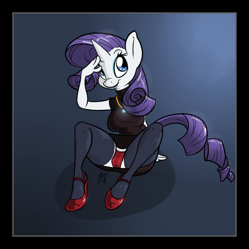 1:1 2014 anthro biped black_border border clothing dress equid equine female footwear hair horn horse legwear mammal panties rarity_(mlp) shoes siroc smile solo thigh_highs underwear unicorn upskirt // 1010x1010 // 402KB