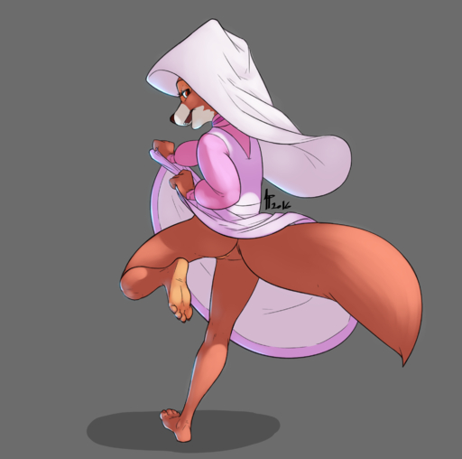 2016 4_toes anthro anus barefoot biped bottomless butt canid canine claws clothed clothing clothing_lift dancing dress dress_lift feet female flashing fox grey_background hi_res looking_at_viewer looking_back maid_marian mammal no_underwear open_mouth plantigrade red_eyes simple_background siroc soles solo toe_claws toes upskirt wimple // 2016x2000 // 827.7KB
