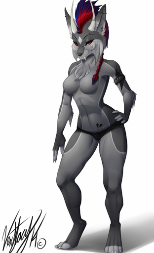 anthro blue_hair breasts canid canine clothed clothing female fur grey_body grey_fur hair hi_res horn looking_at_viewer mammal panties red_eyes red_hair solo topless underwear vexstacy // 779x1280 // 80.2KB