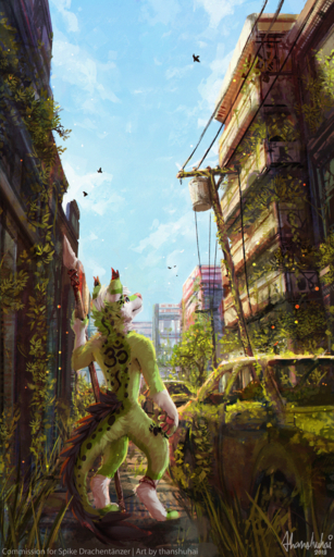 2019 3:5 anthro day detailed_background digital_media_(artwork) dragon feet fingers fur furred_dragon grass green_body green_fur hi_res male outside plant sky solo standing thanshuhai toes wingless_dragon // 900x1500 // 3.8MB