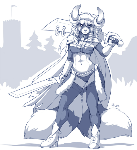 2014 ailurid anthro armor cape clothed clothing digital_media_(artwork) dual_wielding female headgear helmet hi_res holding_object holding_sword holding_weapon horn looking_at_viewer mammal melee_weapon midriff multi_tail red_panda smile solo sword weapon wolfy-nail // 1170x1280 // 267.0KB