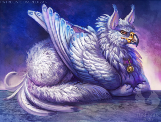 2020 abstract_background ambiguous_gender anoroth avian beak bell bell_collar collar feathers feral fluffy fur gryphon loaf mythological_avian paws pink_collar red-izak smile solo text url watermark white_body white_feathers white_fur wings // 1280x970 // 325.1KB
