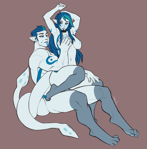 2018 blue_eyes blue_hair digital_media_(artwork) duo faint female hair hands_above_head humanoid humanoid_on_humanoid intraspecies male malefemale navel nude selfcest sex simple_background smile square_crossover unknown_species // 992x1000 // 315.0KB