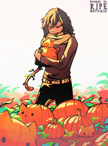 black_hair day detailed_background domestic_cat felid feline felis food fruit hair hi_res human mammal neytirix outside plant pumpkin smile // 1440x1941 // 1009.9KB