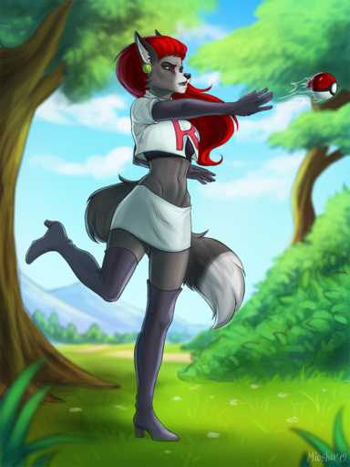 2019 3:4 5_fingers anthro black_nose canid canine clothed clothing day detailed_background digital_media_(artwork) female fingers fox grass hair jessie_(team_rocket) mammal midriff miosha navel nintendo outside plant pokemon red_eyes red_hair shaded shirt sky solo team_rocket text text_on_clothing text_on_shirt text_on_topwear topwear tree video_games // 825x1100 // 1.2MB