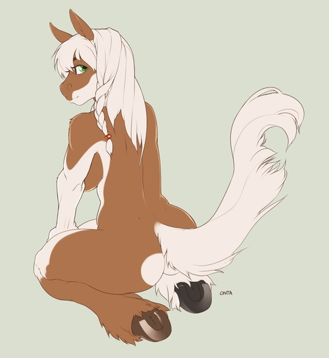 anthro biped braided_hair brown_body brown_fur doxy equid equine female fur green_eyes hair horse kneeling long_hair looking_at_viewer mammal nude raised_tail sitting smile solo white_body white_fur white_hair xetsa // 1000x1089 // 110KB