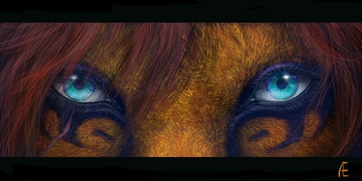 2:1 araivis-edelveys black_bars blue_eyes brown_hair detailed detailed_fur eyelashes feral fur hair looking_at_viewer mammal orange_body orange_fur solo // 800x400 // 83.5KB