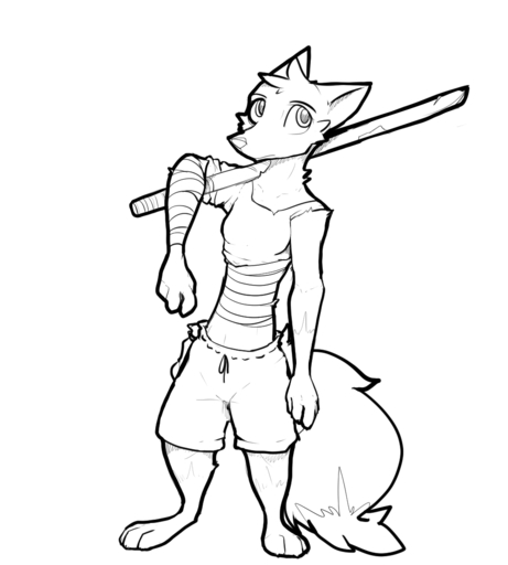 2020 anthro arm_wraps barefoot bottomwear canid canine cheek_tuft clothing facial_tuft feet female fox fur head_tuft holding_object holding_sword holding_weapon mammal melee_weapon monochrome shorts simple_background solo standing sword tuft weapon white_background wraps zhanbow // 1006x1117 // 82.6KB