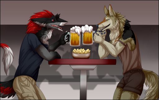 absurd_res alcohol amber_eyes anthro bar beer beverage black_border border canid canine canis clothed clothing duo fully_clothed fur hair hi_res male mammal multicolored_body multicolored_fur red_eyes red_hair sergal side_view silvergrin smile wolf // 3500x2191 // 2.9MB
