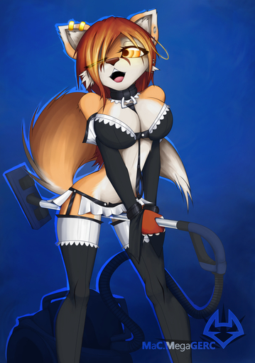 anthro big_breasts breasts brown_hair canid canine cleaning_tool clothed clothing collar female fox hair leash macmegagerc maid_uniform mammal one_eye_closed open_mouth piercing pinup pose sandra_(macmegagerc) skimpy solo thigh_gap uniform vacuum_cleaner wide_hips wink // 820x1170 // 820.1KB