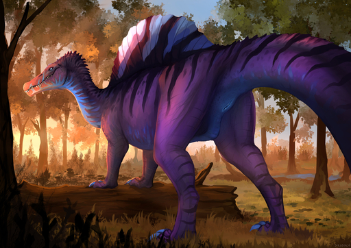 alternate_species animal_genitalia blue_eyes claws cloaca day dinosaur dracarna dradmon female feral genitals hi_res log nude outside plant reptile scalie solo spinosaurid spinosaurus standing stripes theropod toe_claws tree wood // 1754x1240 // 2.3MB