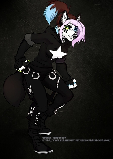 2018 5_fingers anthro black_nose breasts canid canine canis clothed clothing digital_media_(artwork) female fingers gorsha_(character) gorsha_pendragon hair heterochromia hi_res hoodie mammal pink_hair simple_background smile solo standing topwear watermark wolf // 913x1280 // 185.8KB