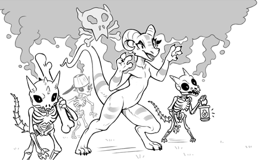 animated_skeleton anthro bone claws cooking_pot female flat_chested genitals group horn kobold lantern monochrome nude pussy scalie skeleton sorc undead // 1228x746 // 348.2KB
