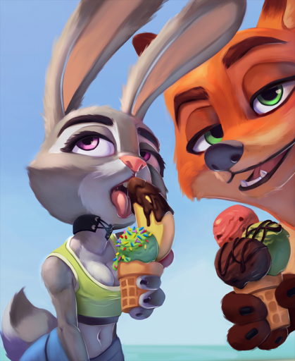 anthro big_ears bra breasts candy canid canine chocolate chocolate_syrup choker cleavage clothed clothing dessert disney duo eating female food food_fetish fox green_eyes grey_body hi_res ice_cream ice_cream_cone jewelry judy_hopps lagomorph leporid looking_at_viewer male mammal midriff navel necklace nick_wilde orange_body purple_eyes r.g.buzsz rabbit sports_bra suggestive suggestive_food tongue tongue_out underwear zootopia // 1042x1273 // 1.7MB