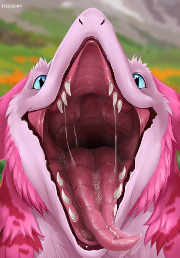 absurd_res ambiguous_gender anthro blue_eyes bodily_fluids fur hi_res open_mouth pink_body pink_fur red_stripes roobin saliva sergal solo stripes taffy_(rufinox) teeth tongue vore // 1820x2600 // 3.5MB